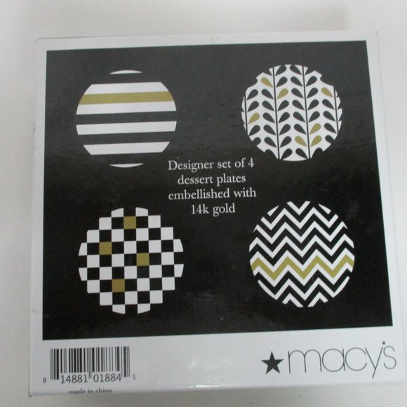 Macy's Designer Set 4 Dessert Salad Appetizer Plates 14K Gold Embellished 6” NEW - Picture 7 of 12